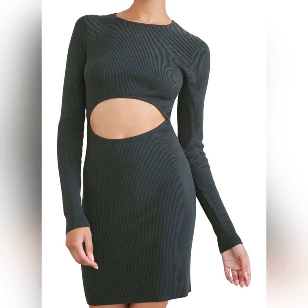 Forever 21 Dark Green Ribbed Long Sleeve Cut-Out Sweater Mini Dress